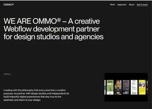 OMMO website section with text about being a creative Webflow development partner for design studios and agencies, alongside a display of mobile app screens.