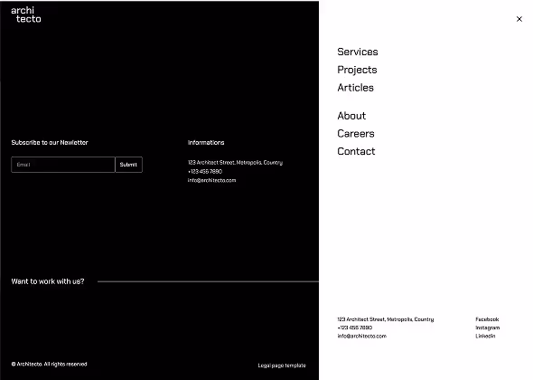 Website menu with black section featuring newsletter signup, contact info, and legal notice; white section with navigation links and social media icons.