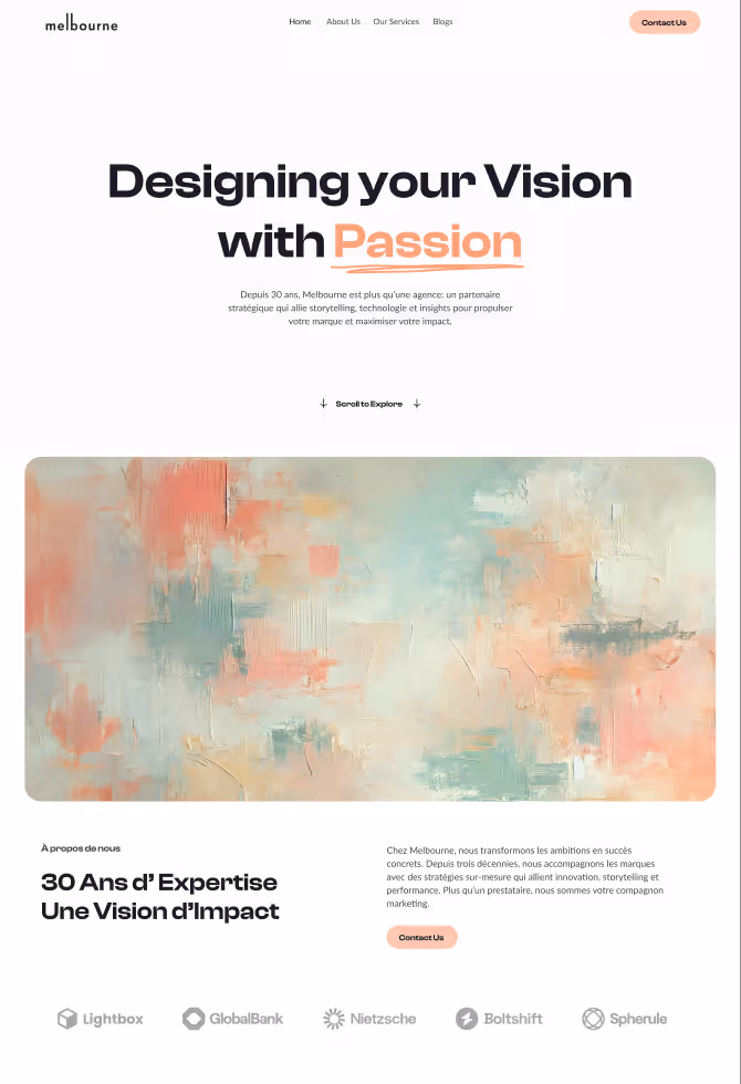 Website homepage with headline 'Designing your Vision with Passion', abstract pastel-colored artwork, and company description in French.