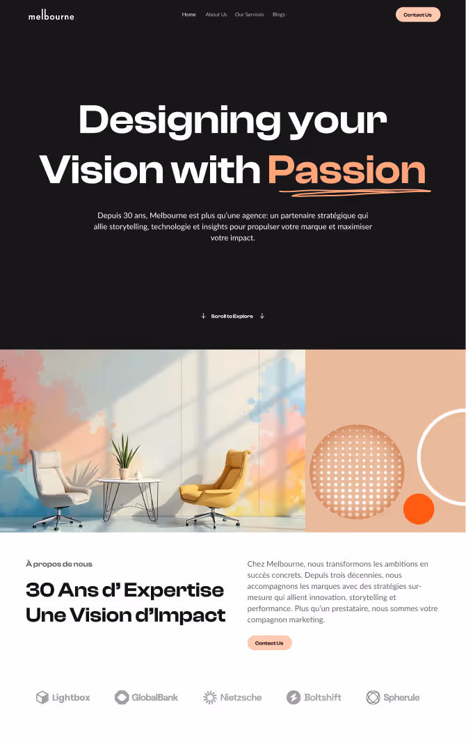 Website homepage with black header featuring logo, navigation, and contact button; bold text saying 'Designing your Vision with Passion'; French description of Melbourne agency services; photo of two office chairs and a small table by a colorful wall; section highlighting 30 years of expertise and client logos.