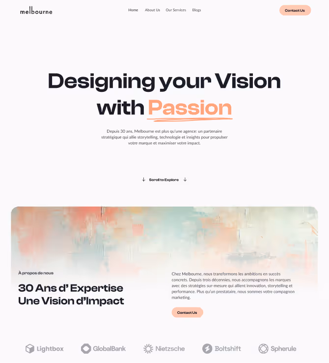 Website homepage with the headline 'Designing your Vision with Passion,' navigation links, and company information emphasizing 30 years of expertise and strategic marketing services.