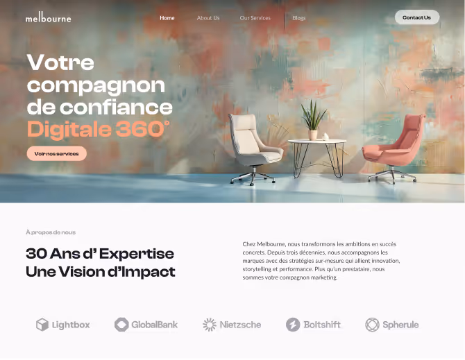 Modern office setting with two ergonomic chairs and a small table with a plant, overlaid text in French promoting a digital trust partner with 30 years of expertise.